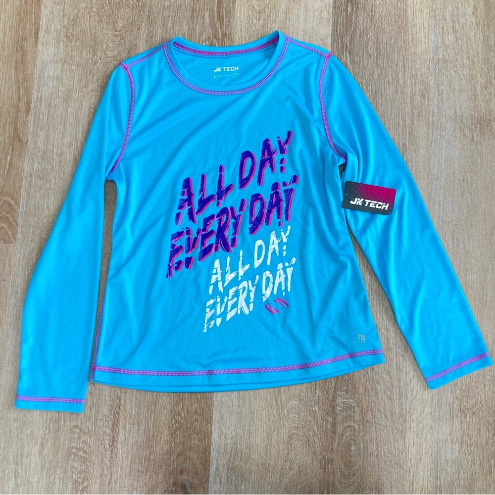 JK Tech girls size large L bright blue graphic long sleeve athletic top NWT